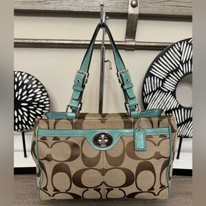 Coach Brown and Teal Signature Shoulder Bag